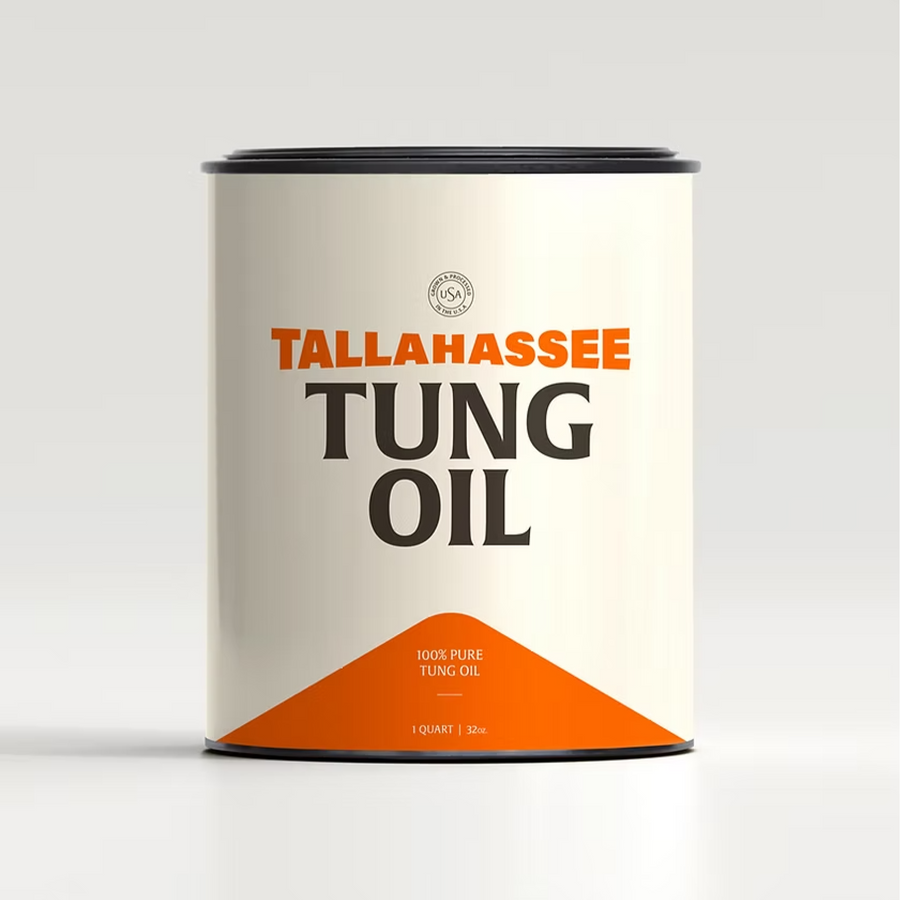 Can of Tallahassee Tung Oil on a white background