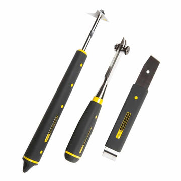This Window Tool Kit comes equipped with a Putty Scraper, Boomerang Scraper, and putty chisel. 
